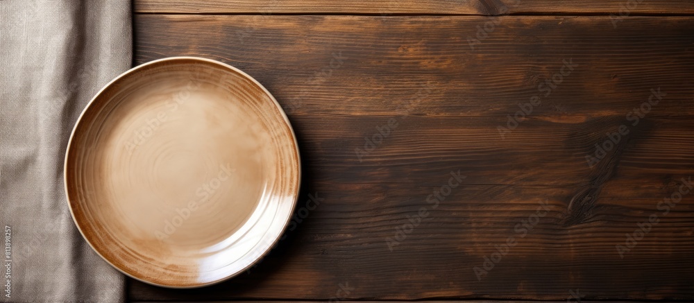 Aufkleber a plate without any food rests on a tablecloth or a napkin placed on a wooden table providing a rust