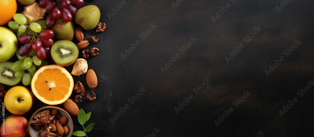 Poster top view of various fresh fruits and healthy snacks arranged attractively against a dark background 