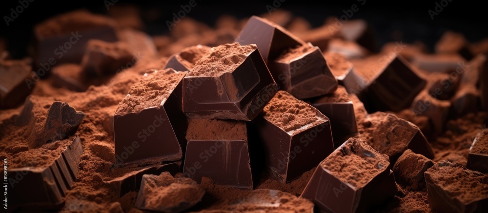 Poster close up view of chopped dark chocolate cubes and cocoa powder with copy space image