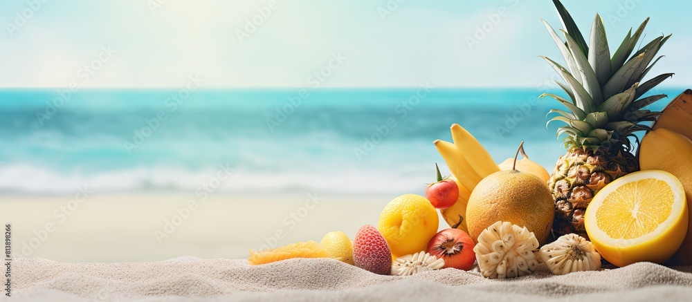 Poster exotic fruits resting on a sandy beach against the backdrop of the ocean creating a serene copy spac