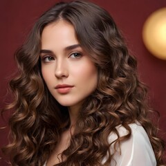 Fototapeta premium Brunette girl with long and shiny wavy hair . Beautiful model with curly hairstyle .