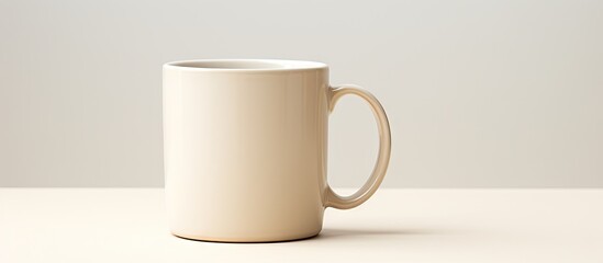 A side view of a cream colored ceramic cup is shown in a copy space image against a white background