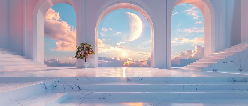 A beautiful surreal image of a classical structure with arches and stairs