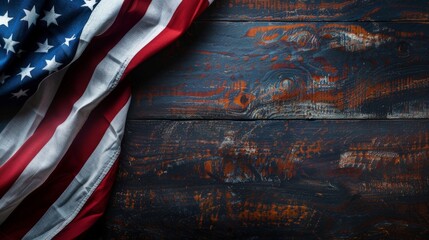 American Flag Draped Over Rustic Wooden Background - Patriotic Texture with Vintage Appeal. copy space concept independence day