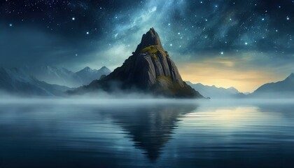 Night rock mountain with stars in foggy atmosphere, reflection of the mountain in the calm water