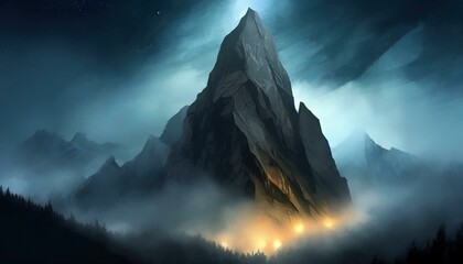 Night mountain with a road is lit up with lights surrounded by a foggy atmosphere