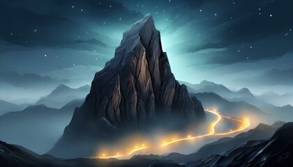 Night mountain with a road is lit up with lights surrounded by a foggy atmosphere