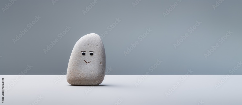 Poster a white stone with a sad expression is positioned on a plain gray background creating a copy space i