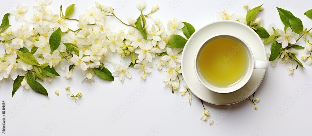 Poster a top view of a cup of green jasmine tea with jasmine flowers on a white background creating a teati