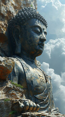 Artistic Buddha Face Statue on Mountain on Blurry Landscape Defocused Background