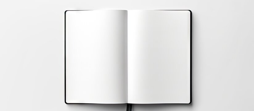 A top down view of a blank spiral bound sketchbook with an open page photographed against a white background The black and white minimalist design allows for ample copy space