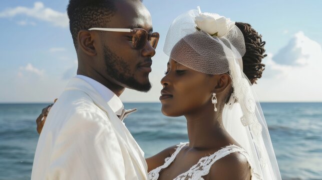 Romantic African American Couple Embracing on Beach Wedding Day