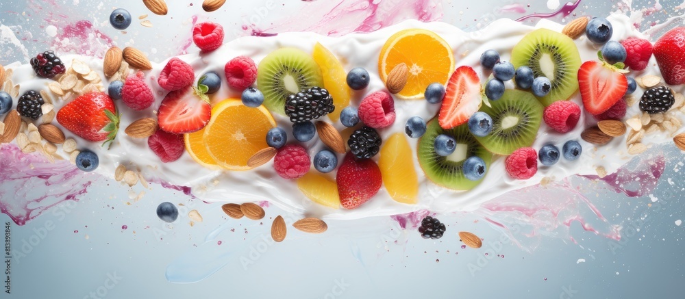 Poster Top view of a fruit salad with yogurt and nuts captured in a close up image showcasing the yogurt being poured over the colorful assortment Copy space available