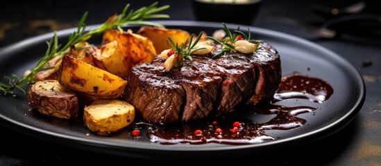 A plate showcasing a delicious grilled beef steak filet mignon served with potatoes and a savory sauce The image offers ample copy space