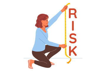Woman measures possible risks when concluding business deal or expensive purchase, using measuring tape. Concept of importance of risks testing and situation analysis to find weak points