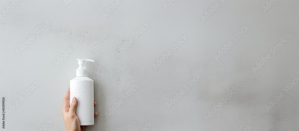 Poster a person holds a bottle of cosmetics and a cotton pad creating a visually appealing composition agai