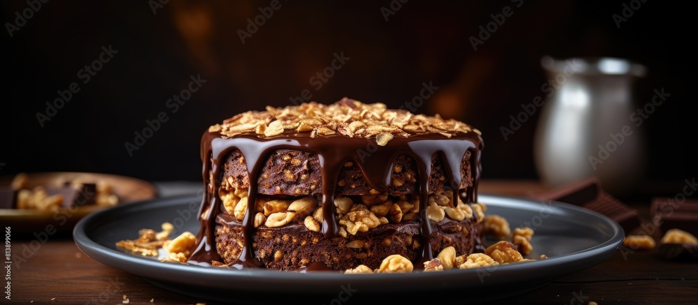 Aufkleber a homemade no bake chocolate biscuit cake is placed on a table presenting a lazy cake or mosaic cake