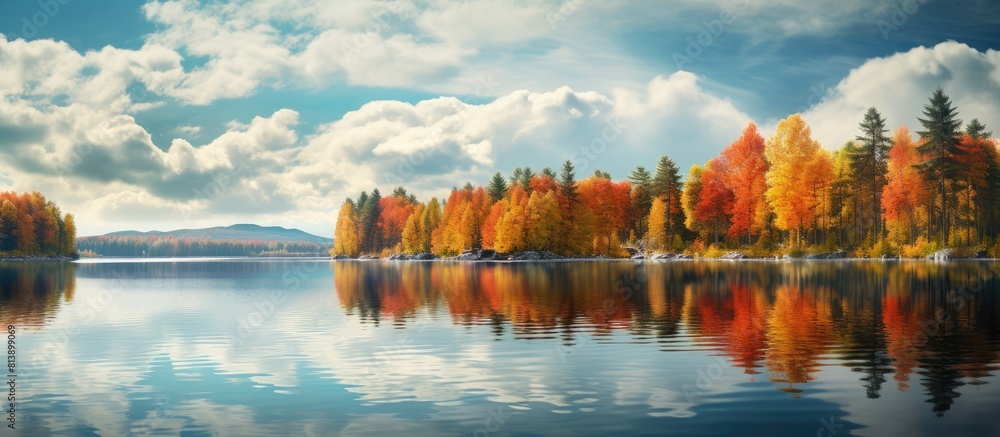Poster autumn trees and forests create a picturesque scene on an island in a lake complemented by a cloudy 