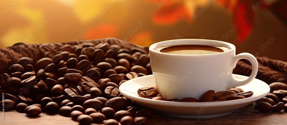 Poster an image of a coffee cup with coffee beans in the background creating a vibrant and enticing copy sp