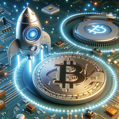 A striking Bitcoin coin There is a rocket soaring into the sky and a blockchain chip board with neon lights, a picture of modern technology media.