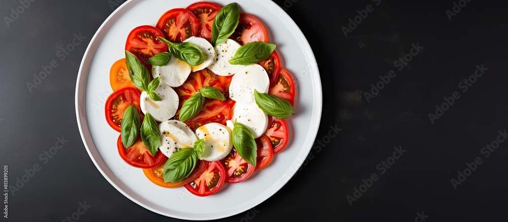 Poster top view of a plate on the table with a caprese salad consisting of basil leaves mozzarella and toma