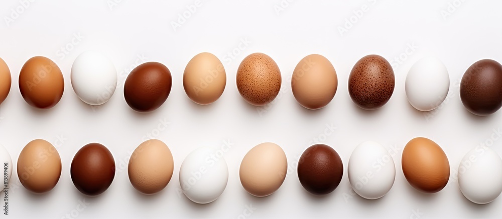 Poster copy space image of uncooked chicken eggs arranged neatly on a white table captured from a top down 