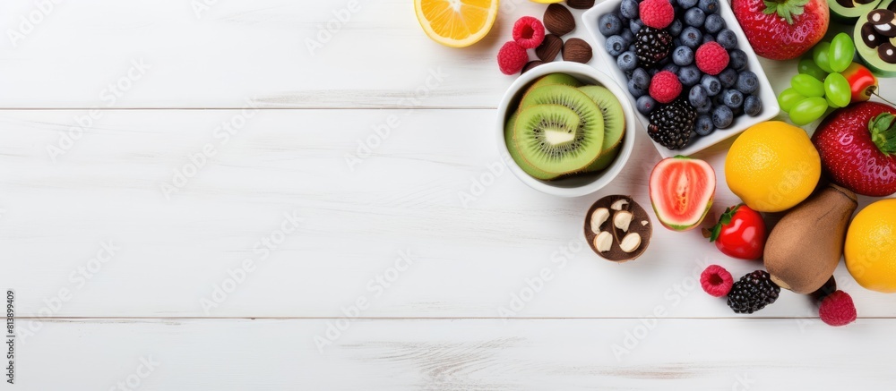 Poster Fitness concept and diet plan displayed with dumbbells a notebook and a selection of chopped fruits on a white wooden backdrop captured from a top down perspective providing ample copy space in the i