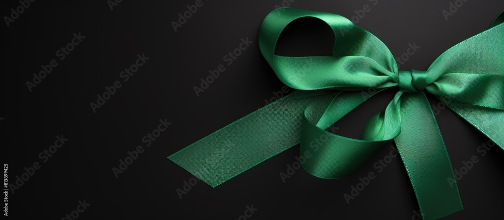 Poster top view of a green ribbon placed on a black background providing ample copy space for adding text c