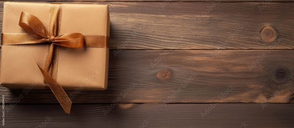 Poster the wood background showcases a brown gift box and notebook with a tag providing ample copy space fo