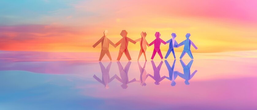 An artistic take on teamwork with paper men linked together over a reflective surface, creating a subtle mirror image, with a soft gradient background transitioning to blank space