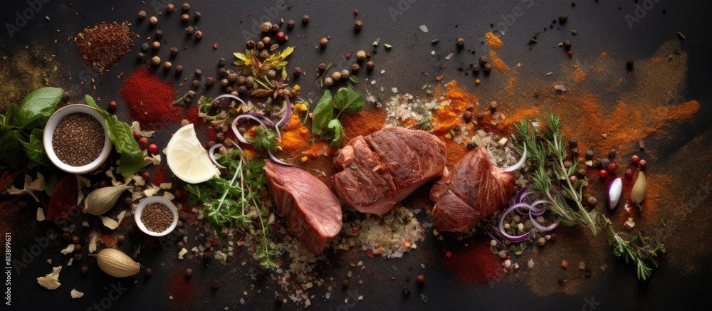 Aufkleber top view of a gray background showcasing a tantalizing blend of spices and herbs meticulously arrang