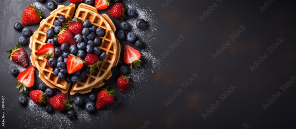 Poster belgian waffles topped with fresh blueberries strawberries and caramel sauce are displayed from a to