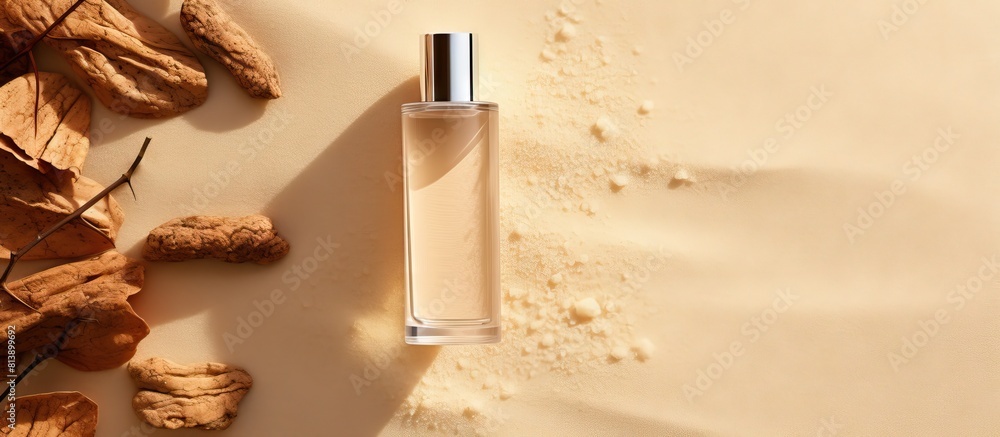 Poster top view of a bottle of serum and tree bark placed on sand against a beige background there is plent