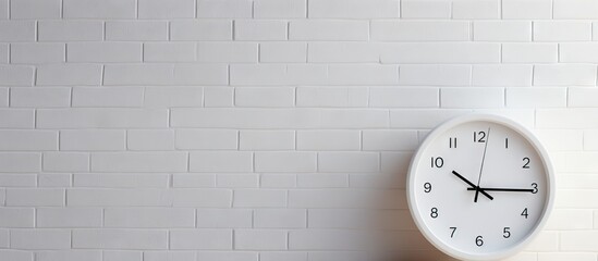A white clock is hanging on a white brick wall creating a simple design and decoration for the background. Copy space image. Place for adding text and design