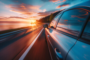 a car driving by the water at sunset