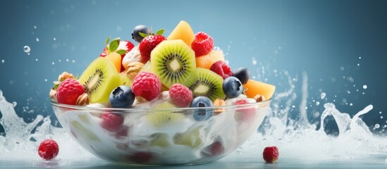 Top view of a fruit salad with yogurt and nuts captured in a close up image showcasing the yogurt being poured over the colorful assortment Copy space available