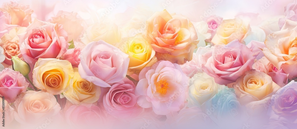 Poster a pastel and soft floral card with delicate roses in full bloom is set against a festive background 