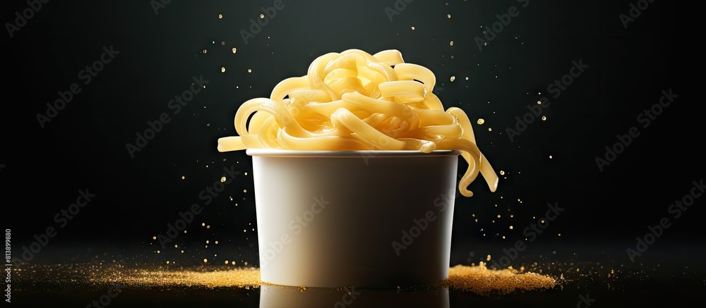 Poster soft noodles in a cup sticky in texture. copy space image. place for adding text and design