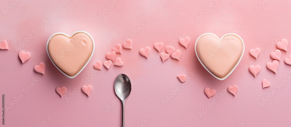 Poster flat lay view of a pink background with a stirring spoon and three heart shaped butter cookies captu