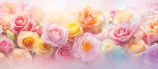 A pastel and soft floral card with delicate roses in full bloom is set against a festive background creating a summer inspired image with plenty of copy space