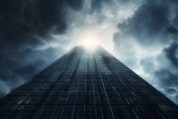 View from below of a glass skyscraper against a moody, cloud-filled sky with sunlight breaking through