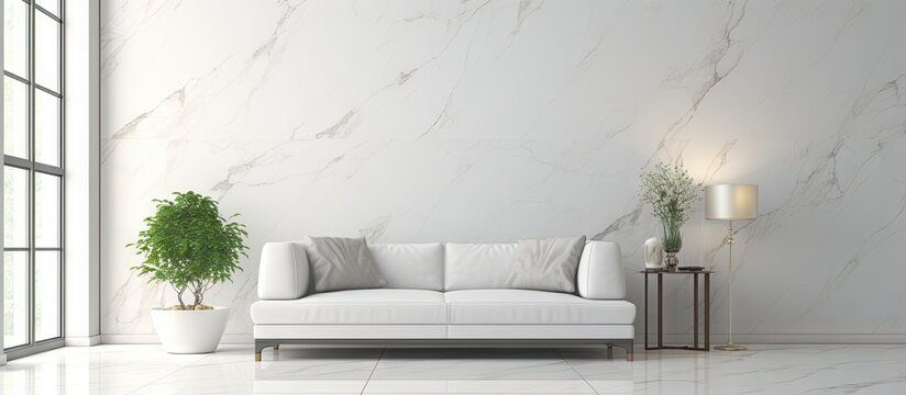 An empty modern living room with elegant marble tiles pristine white walls and chic furnishings No one to occupy the space in the image. Copy space image. Place for adding text and design
