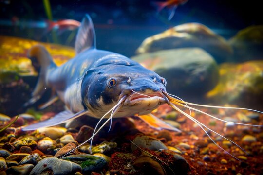 Catfish, Mud Cat, Polliwog, Chucklehead, Full Body Shot in a Colorful, Well Lit Aquarium Setting.