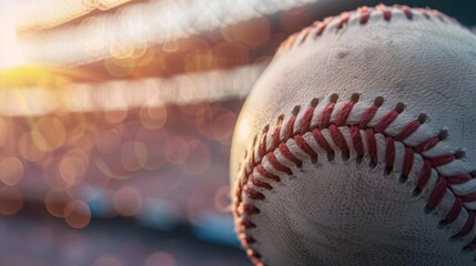 A close view of a baseball with red stitches prominent, coming towards the lens with a heavily blurred ballpark setting in the background, featuring extensive copy space at the top