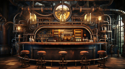 ampunk bar with intricate steampunk machinery , dim lighting and a warm inviting atmosphere