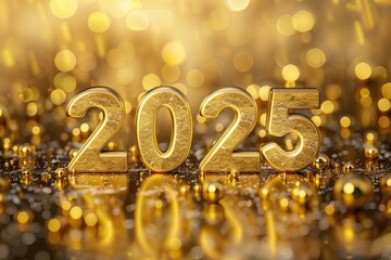 number 2025 - gold metal number. New year concept. Gold