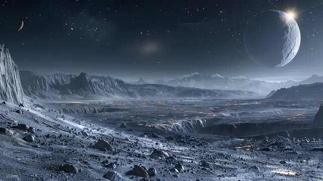 The surface of Pluto with moon in the distance
