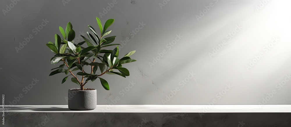 Poster the image features a copy space with a backdrop of a gray concrete wall and floor adorned with shado
