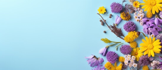 Springtime concept with a flat lay view of a pastel blue background adorned by a beautiful composition of yellow and purple flowers There is ample copy space provided for creativity