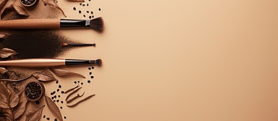 Copy space image featuring eyebrow henna and tools arranged in a flat lay composition against a beige background creating an opportunity to add text
